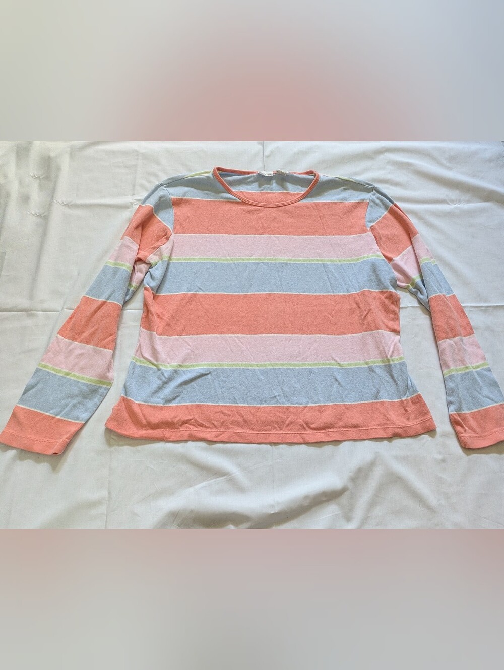 Cherokee Light Pink Blue Green Striped Long Sleeve Scoop Neck Top